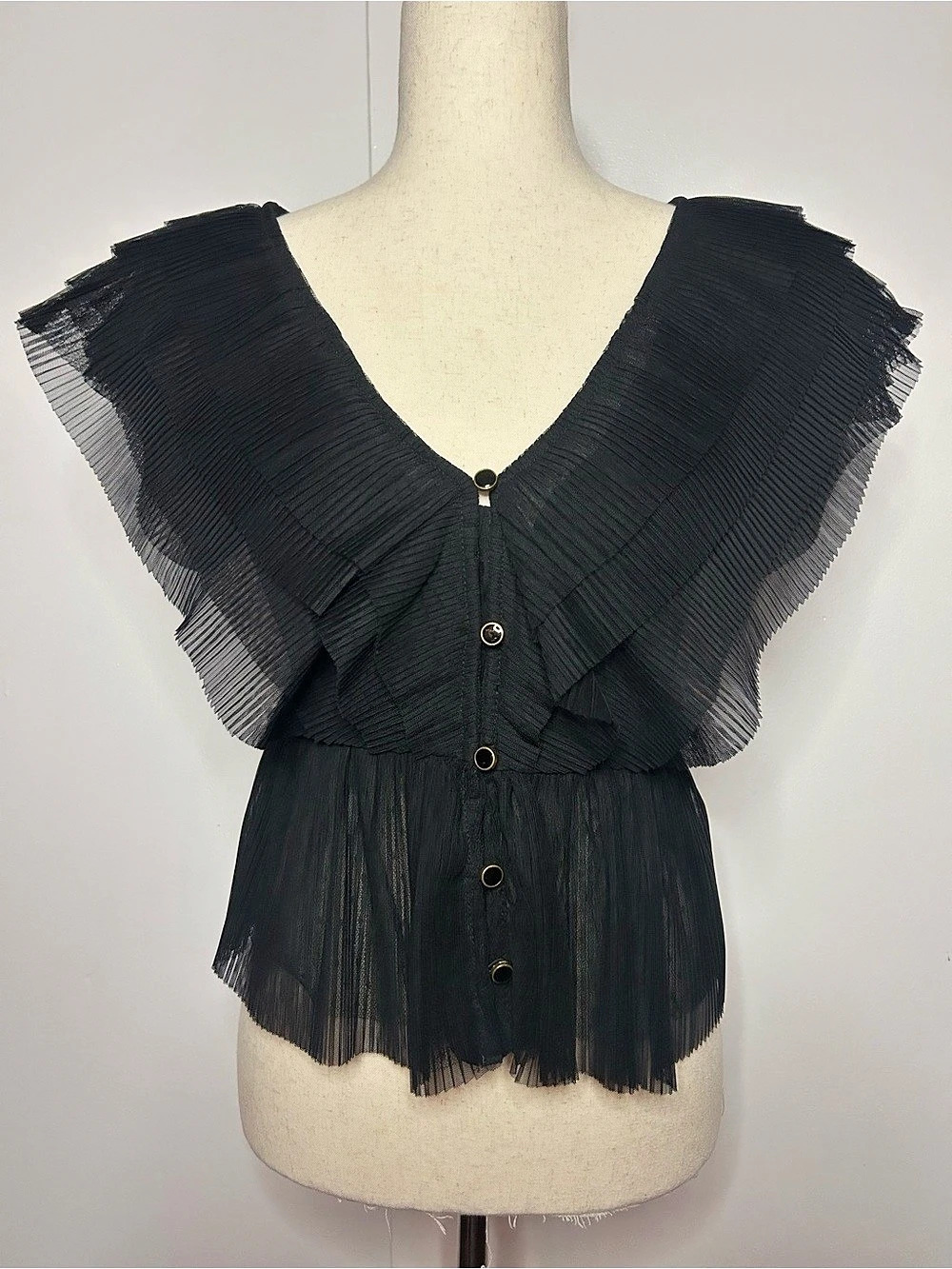 ANTHROPOLOGIE - Forever That Girl Black Sheer Pleated Ruffle Blouse - Size XS NW